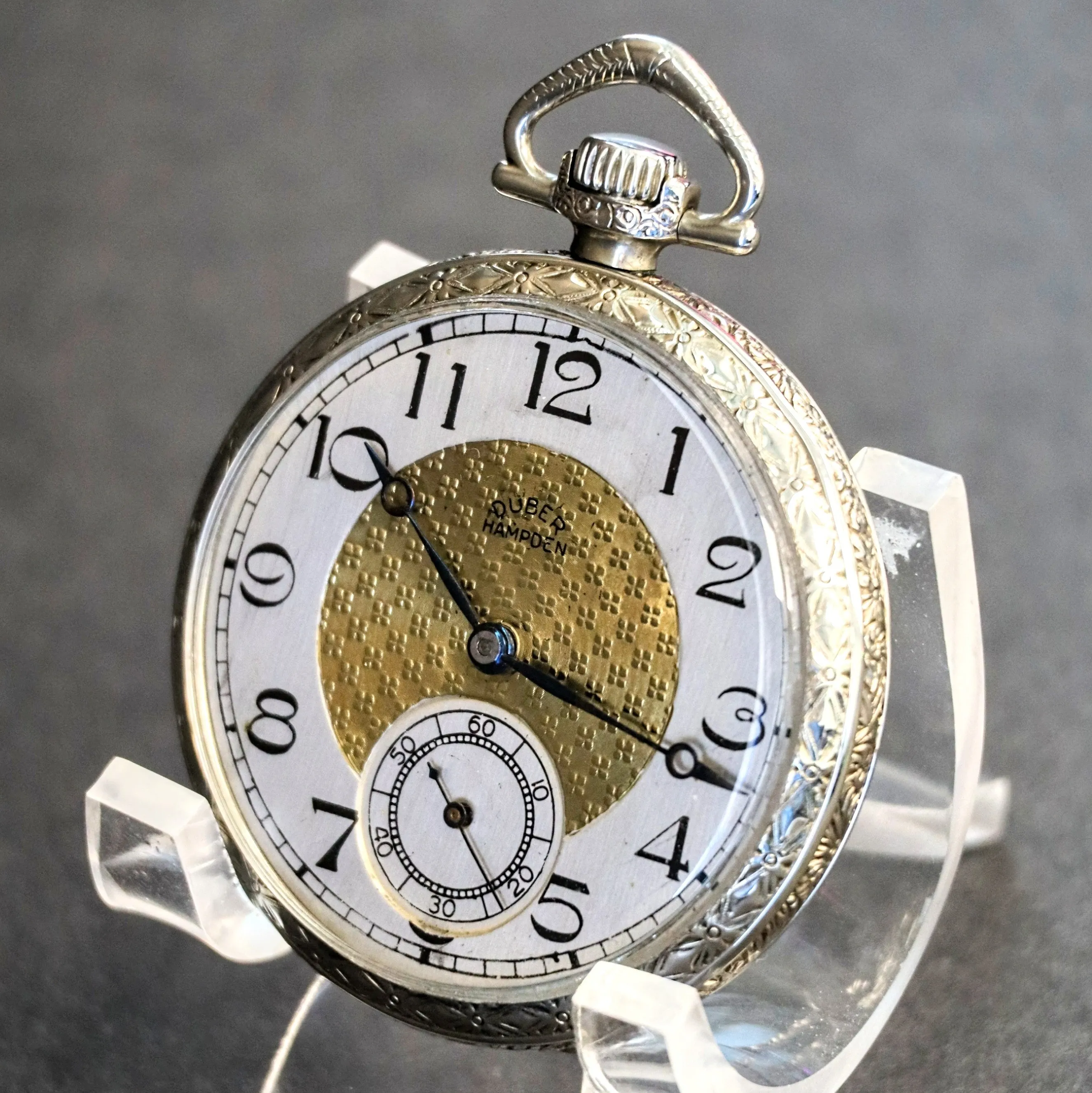 1916 DUBER - HAMPDEN Dress Pocket Watch Grade "The Minute Man" 17 Jewels 12s Openface Engraved Decorative 14K White G.F.