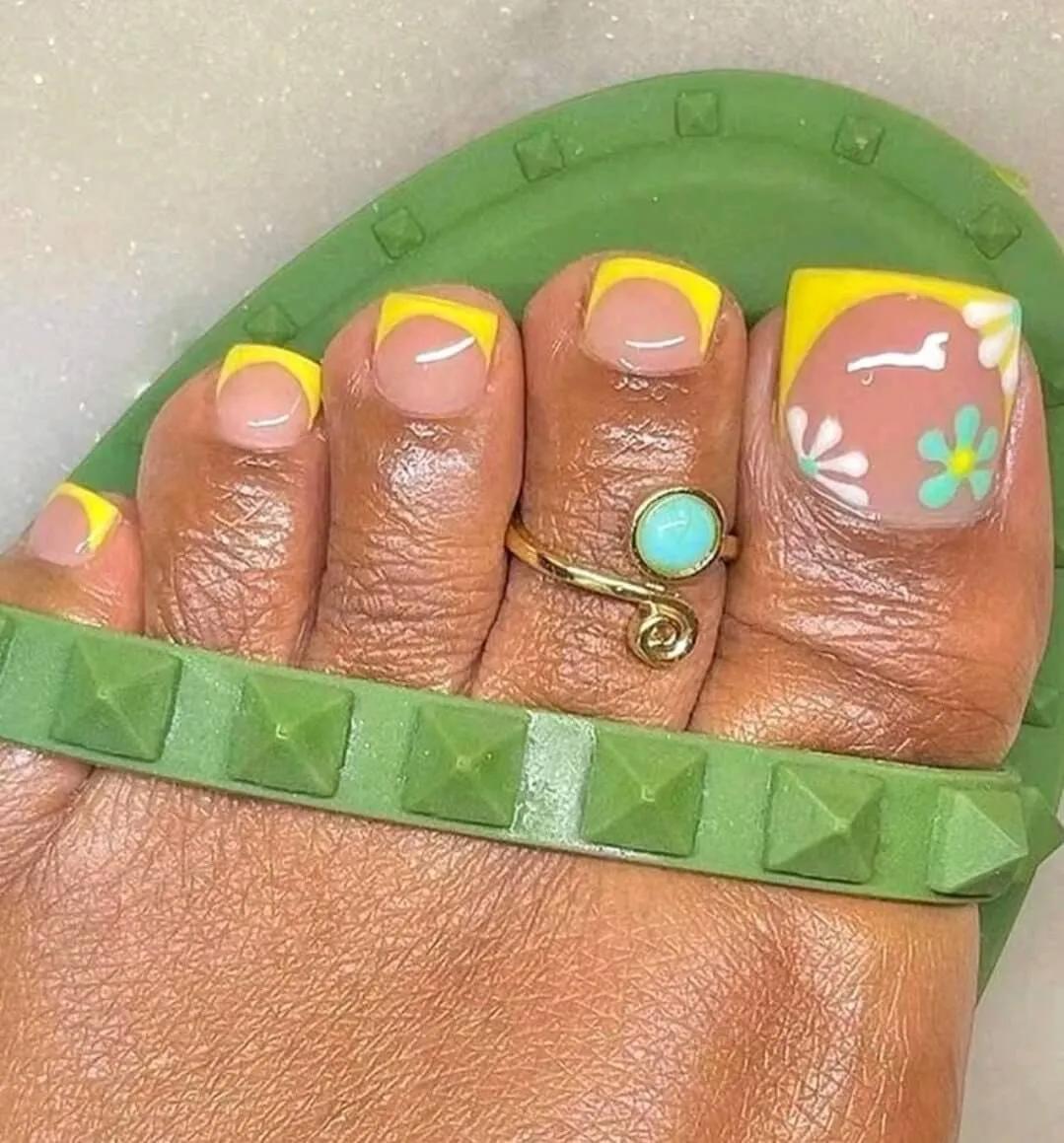 Beauty - Nails - toes - bright yellow floral