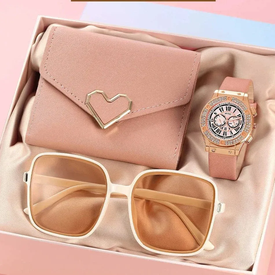Casual Leather Quartz Wristwatch 3PCS Set for Women with Heart Bow Design Ladies' Glasses Sunglasses Clock