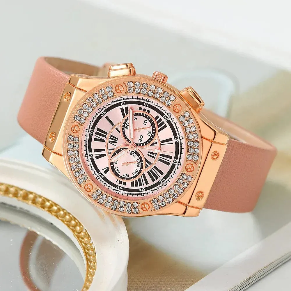 Casual Leather Quartz Wristwatch 3PCS Set for Women with Heart Bow Design Ladies' Glasses Sunglasses Clock