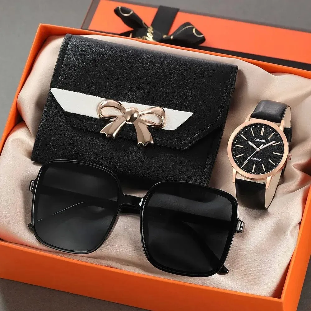 Casual Leather Quartz Wristwatch 3PCS Set for Women with Heart Bow Design Ladies' Glasses Sunglasses Clock