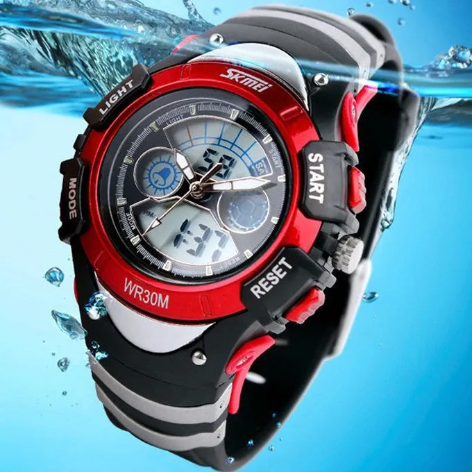 Fashion Children Watches Dual Time LED Digital Quartz Multifunctional 30m Waterproof Swim Student Sports Watch