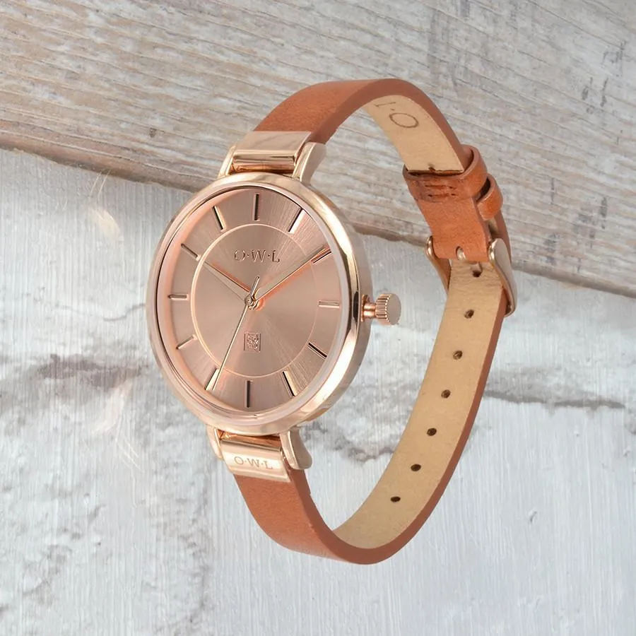 MAYFAIR LADIES MID-SIZE WATCH WITH ROSE-GOLD CASE AND SLIM TAN LEATHER STRAP