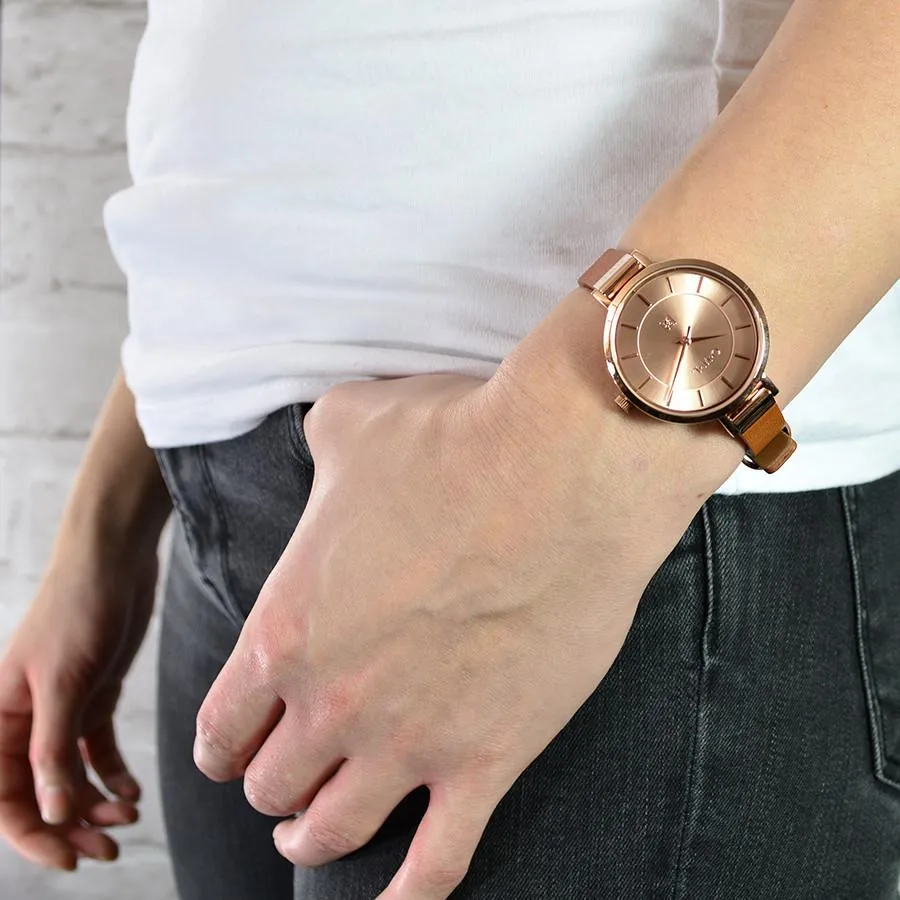 MAYFAIR LADIES MID-SIZE WATCH WITH ROSE-GOLD CASE AND SLIM TAN LEATHER STRAP