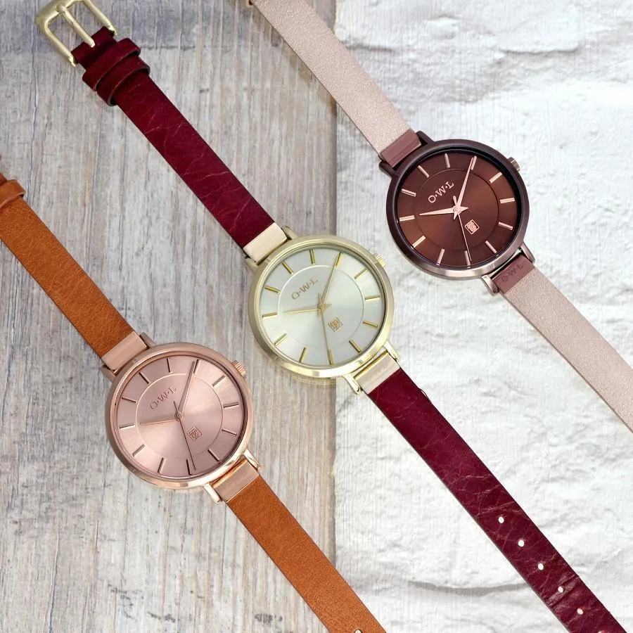 MAYFAIR LADIES MID-SIZE WATCH WITH ROSE-GOLD CASE AND SLIM TAN LEATHER STRAP