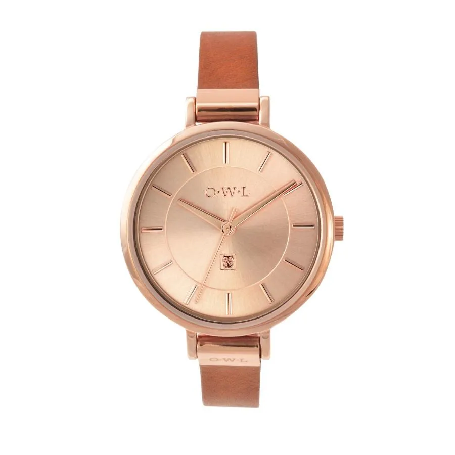 MAYFAIR LADIES MID-SIZE WATCH WITH ROSE-GOLD CASE AND SLIM TAN LEATHER STRAP