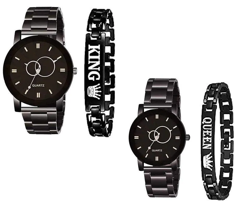 New Designer Couple Metal Strep and king queen Bracelet Combo - For Men & Women Analog Watch - For Couple