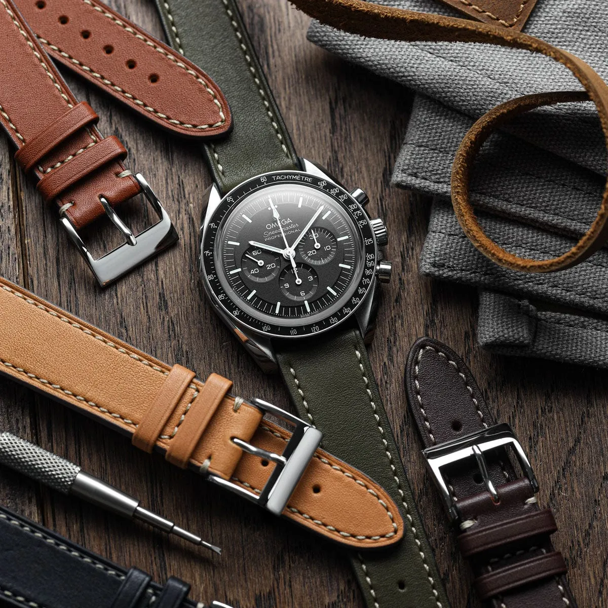 Ostend Baranil Flat Leather Watch Strap - Olive Green