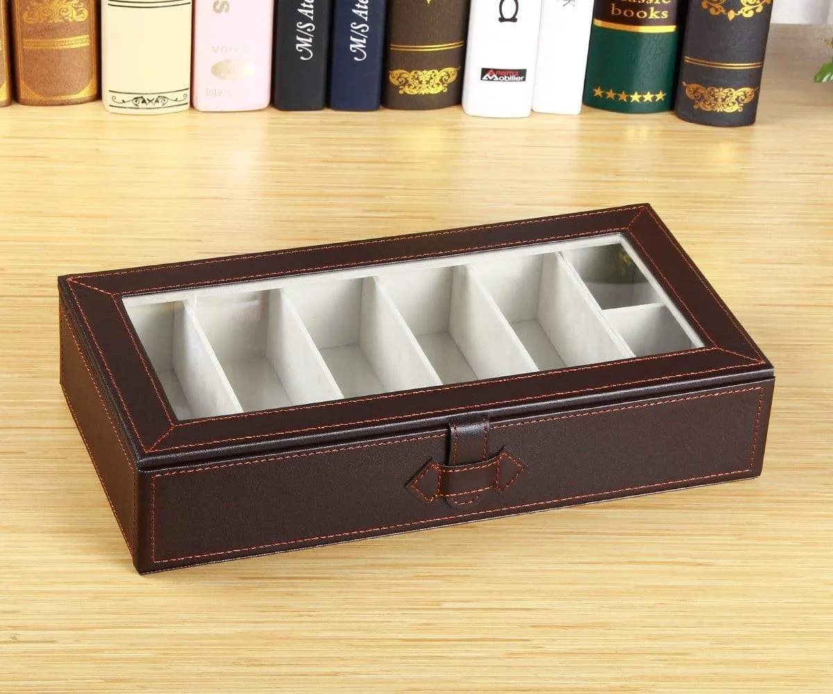 YAPISHI 7 Slots Sunglass Organizer Transparent Eyeglasses Display Case for Men Women Leather Glasses Holder Eyewear Storage Box for Home Decoration/Nightstand/Bedside/Beside Table/Dresser Top (Brown)