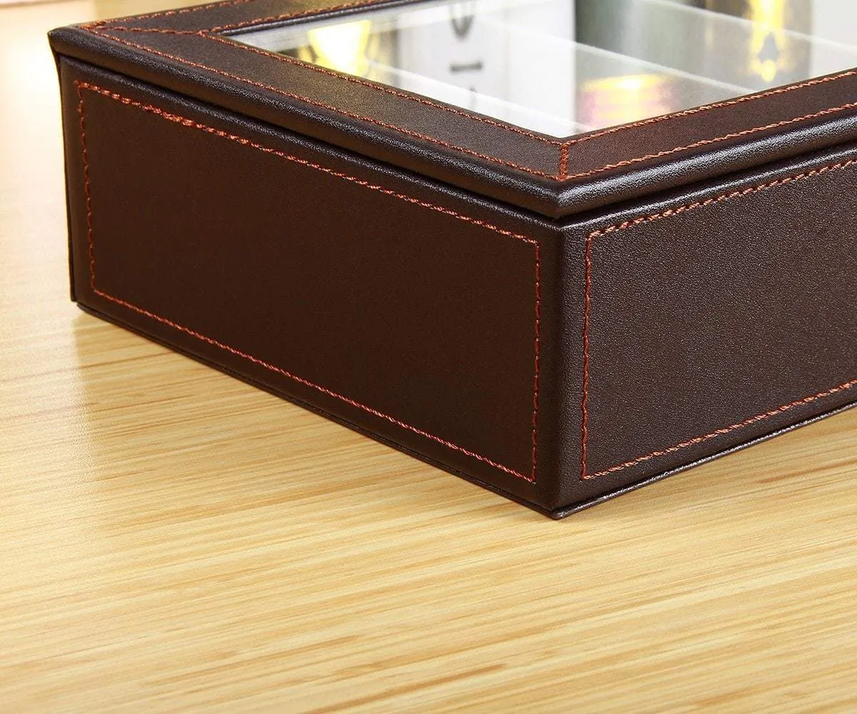 YAPISHI 7 Slots Sunglass Organizer Transparent Eyeglasses Display Case for Men Women Leather Glasses Holder Eyewear Storage Box for Home Decoration/Nightstand/Bedside/Beside Table/Dresser Top (Brown)