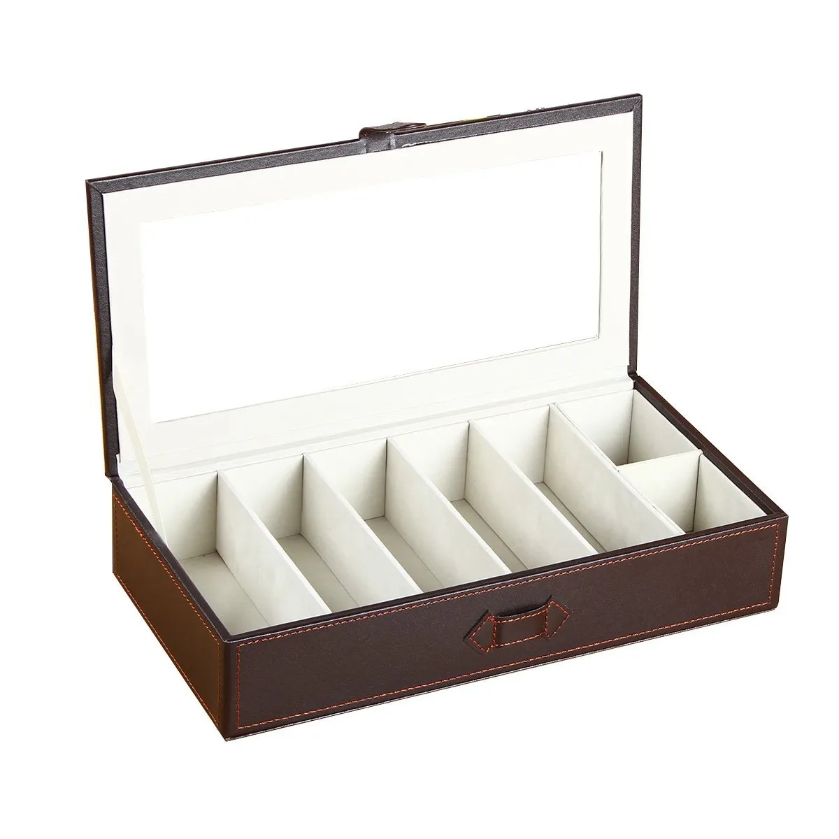 YAPISHI 7 Slots Sunglass Organizer Transparent Eyeglasses Display Case for Men Women Leather Glasses Holder Eyewear Storage Box for Home Decoration/Nightstand/Bedside/Beside Table/Dresser Top (Brown)