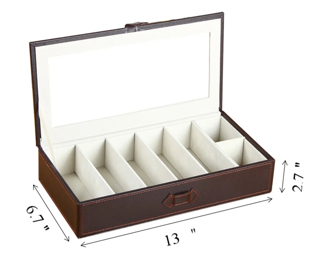 YAPISHI 7 Slots Sunglass Organizer Transparent Eyeglasses Display Case for Men Women Leather Glasses Holder Eyewear Storage Box for Home Decoration/Nightstand/Bedside/Beside Table/Dresser Top (Brown)